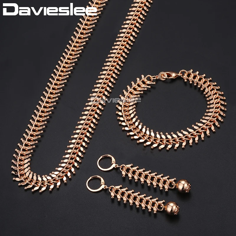 Davieslee Jewelry Set For Women 585 Rose Gold Centipede Link Chain Necklace Bracelet Earrings Woman Dropshipping 10/14mm DCSM01