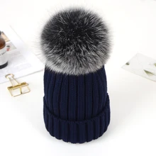 Из натурального Лисьего меха, зимняя женская шапка, для девушек и женщин, плотная вязаная, шерстяная, тёплая Кепки Большой волосы мяч/наряд для родителей и ребенка для волос из лисиного меха ha