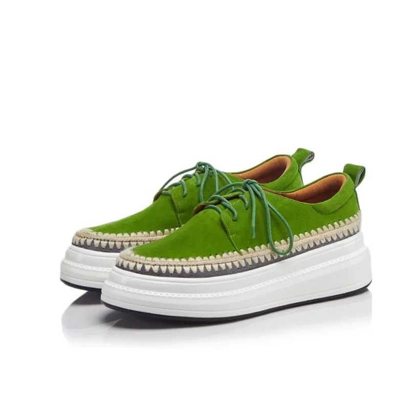 FEDONAS модные женские туфли обувь на плоской подошве, из натуральной кожи, круглый носок, на шнуровке, Повседневное женские туфли на платформе Лоферы Простые туфли - Цвет: Зеленый