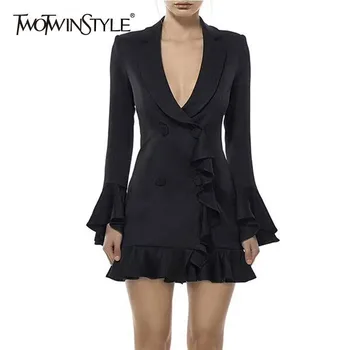 

TWOTWINSTYLE Ruffles Women's Dress Female V Neck Flare Sleeve High Waist Double Breasted Blazer Dresses Fashion Elegant Clothing