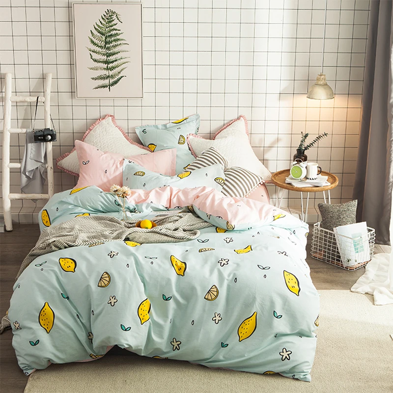 

2018 Lemon Fruit Light Green Bedding Set Cotton Fabric 4Pcs Queen Ru Europe Twin Size Duvet Cover Flat Sheet Pillow Cases