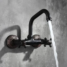 Classic Antique Brass Basin Faucet Bathroom Sink Tap Hot and Cold Spout Wall Faucet With Double Lever In Matt Black Wall Mount high quality round 3 hole wall sink basin mixer tap wels bathroom spout faucet with double lever