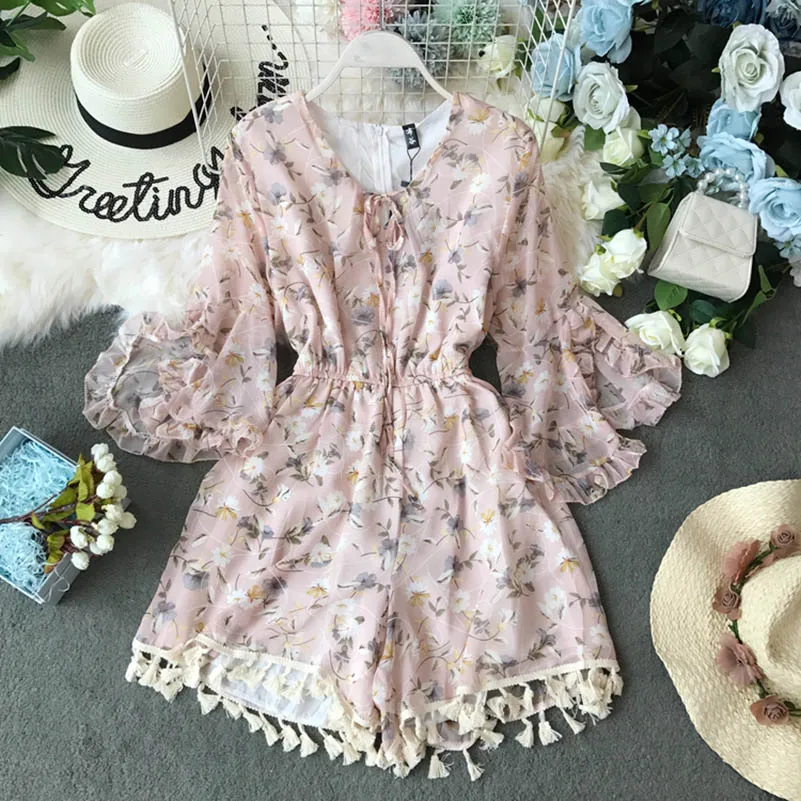 

Summer Vintage Bohemia Playsuits Women Floral Printed V-neck High Waist Slim Holiday Beach Wide-legged Shorts Pants Jumpsuits