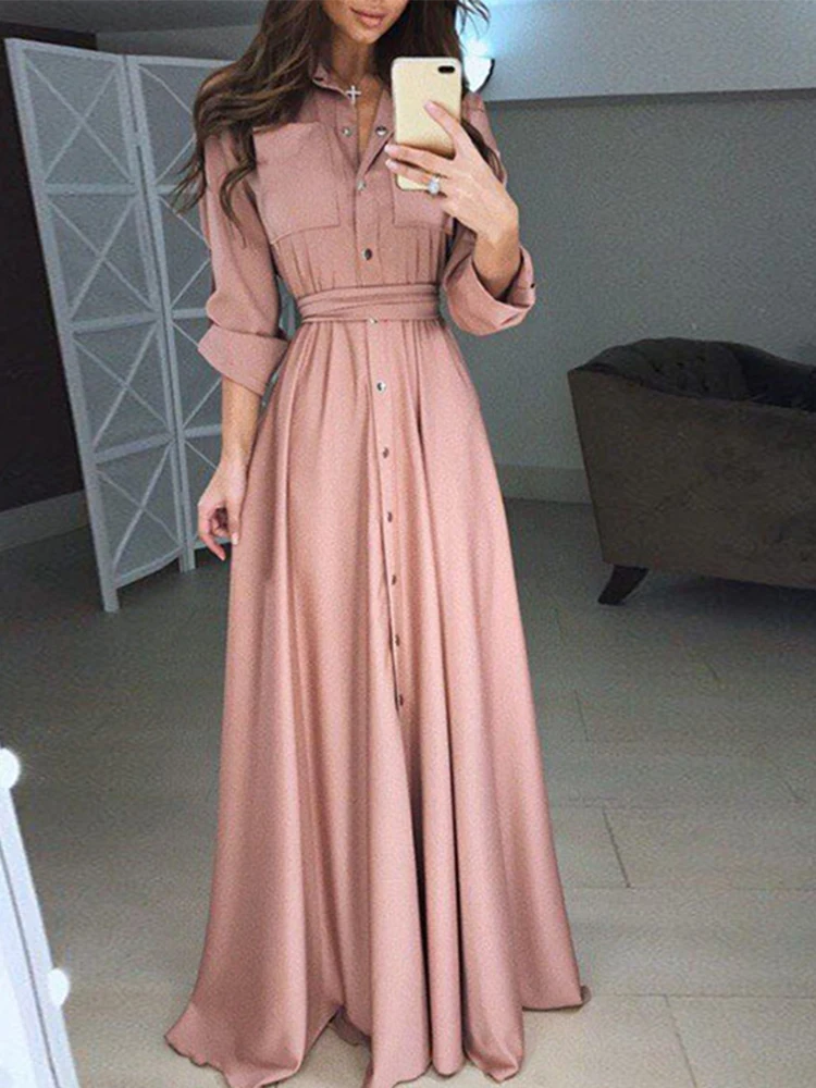 

Fanco Elegant Women Fashion Long Sleeve Bandage Maxi Shirt Party Dress Ladies Single Breasted Buttons Floor Length dresses