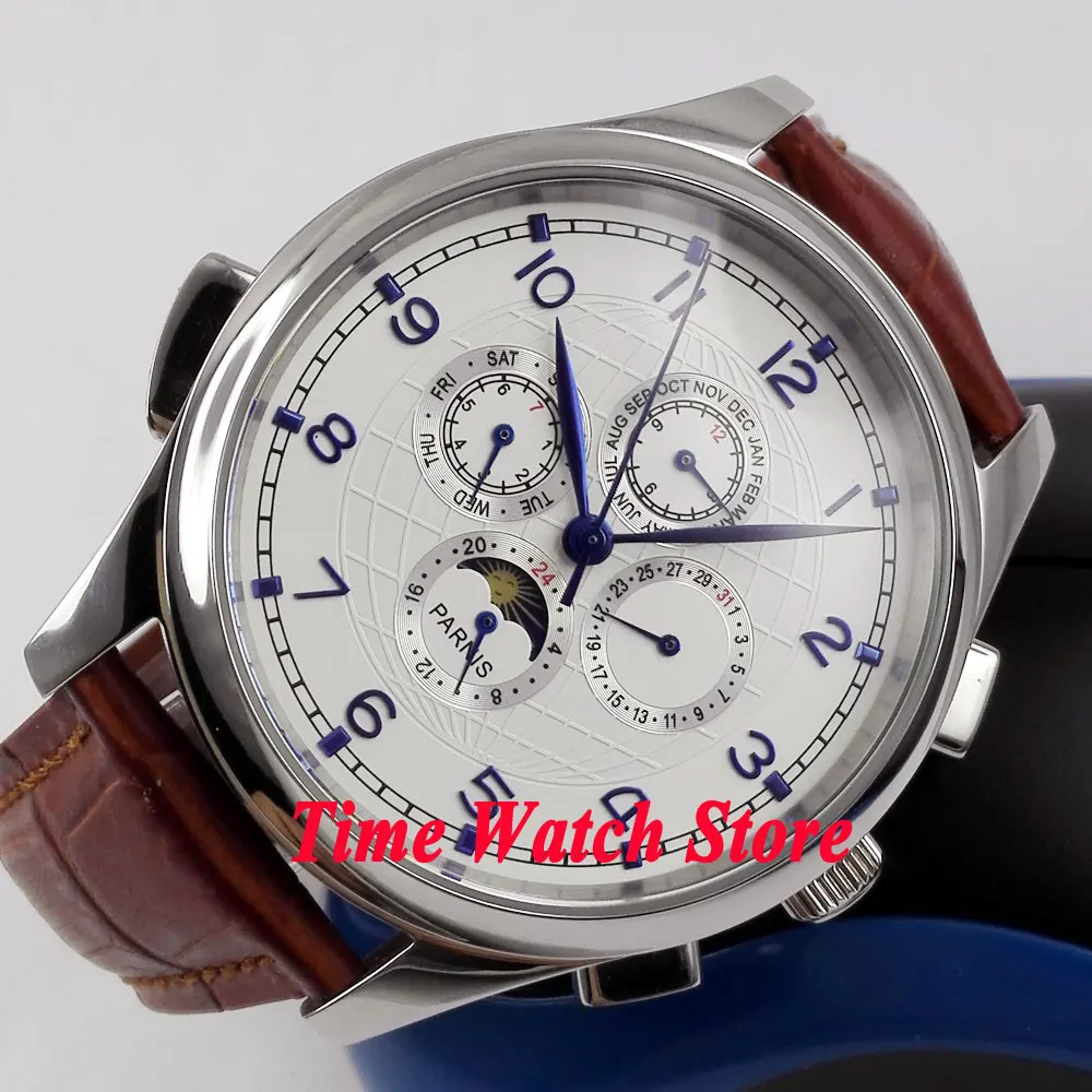 

Parnis 44mm White dial Blue marks Moon Phase week and date Multifunction Automatic Self-Wind movement Men's watch P124