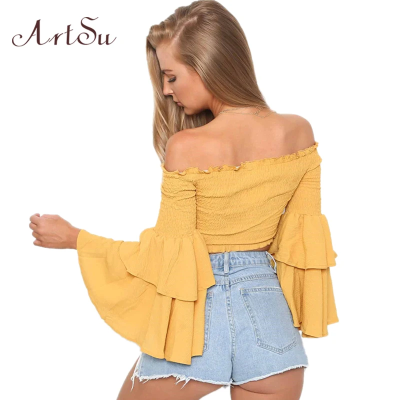 ArtSu de hombro de la Mujer Tops Sexy de Mujer blusa camisa manga de gasa blusas de moda Ropa de Mujer RASBL30124