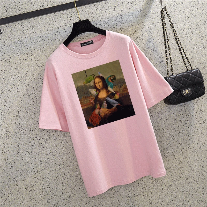 Летняя астетическая розовая футболка "Мона Лиза" в стиле Харадзюку, винтажная графическая футболка Ullzang, забавная футболка 90 s, корейский стиль, женские футболки - Цвет: 2457