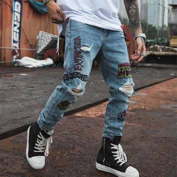 

2019 New Men Skinny Jeans Skinny Slim Fit Stretchy Blue Jeans Cotton Lightweight Comfy Hip Hop Graffiti Hole