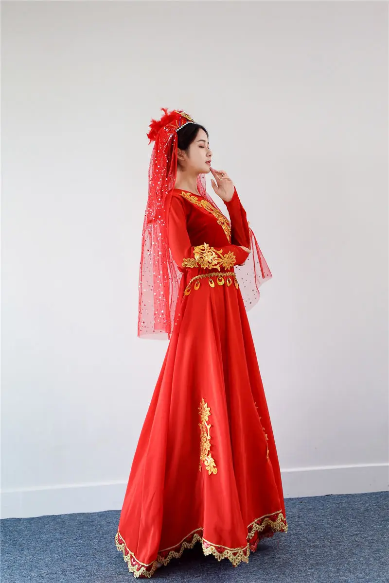 Синьцзянская традиционная Выступления Одежда для взрослых красный Уйгурский Танцевальный костюм Индии сари стиль Одежда для сцены длинное платье