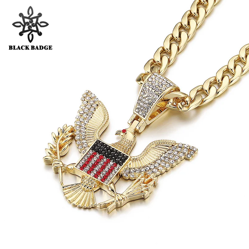 

Men Fashion Hip Hop Jewelry Bald Eagle Pendant Charm Animal Chain Necklace Gold/Silver Iced Out Crystal Stainless Steel Chain