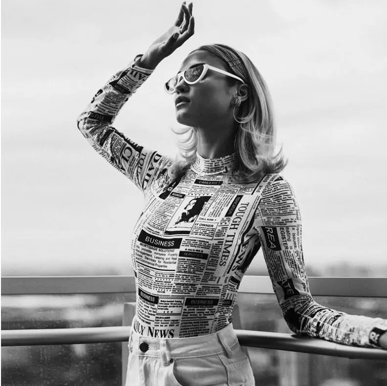 

newspaper print women sexy bodysuit 2018 autumn winter women streetwear stretch skinny newsprint body