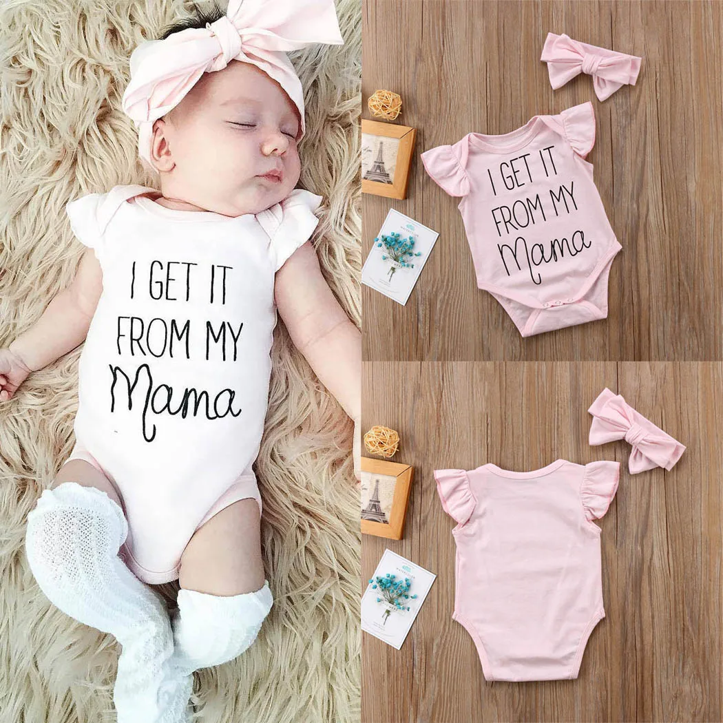 2PCS Newborn Baby Girls Romper Letter Printed Ruffle Jumpsuit + Headband Infant Outfits Kids