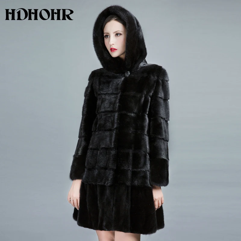 HDHOHR 2019 جديد الطبيعية فرو منك معاطف النساء الشتاء الدافئة مع غطاء كبير نوعية جيدة طويلة المنك الستر الأسود الفراء ستر