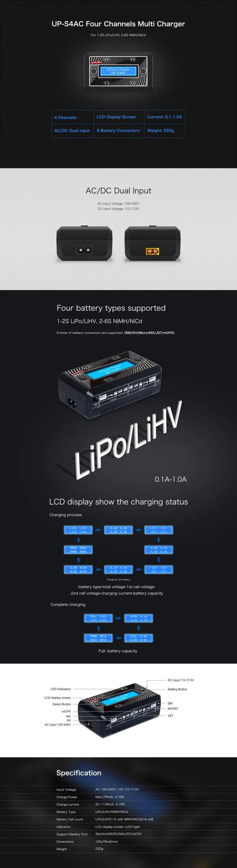 Лучшая стабильность UP-S4AC 4x7 W 1A AC/DC 1 S-2 S LiPO/LiHV 2 S-6 S NiMH/зарядное устройство для аккумуляторов NiCd W/SM XH Micro MX JST mCPX зарядное устройство