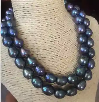 

double strands tahitian black blue 10-11mm baroque pearl necklace 18"19" 925s