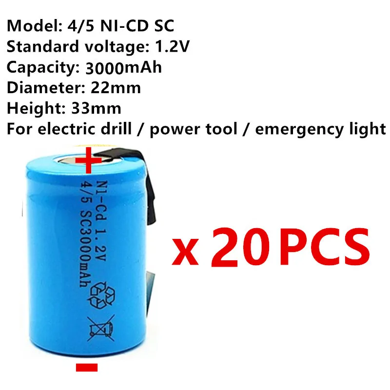 

20pcs High quality battery rechargeable battery sub c battery 4/5SC battery replacement 1.2 v with tab 3000 mah