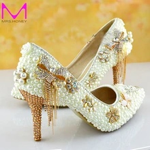 Beautiful Ivory Pearl Wedding Shoes High Heel Bridal Shoes Pointed Toe Bridesmaid Dress Shoes Women Gorgeous Shoes Pumps