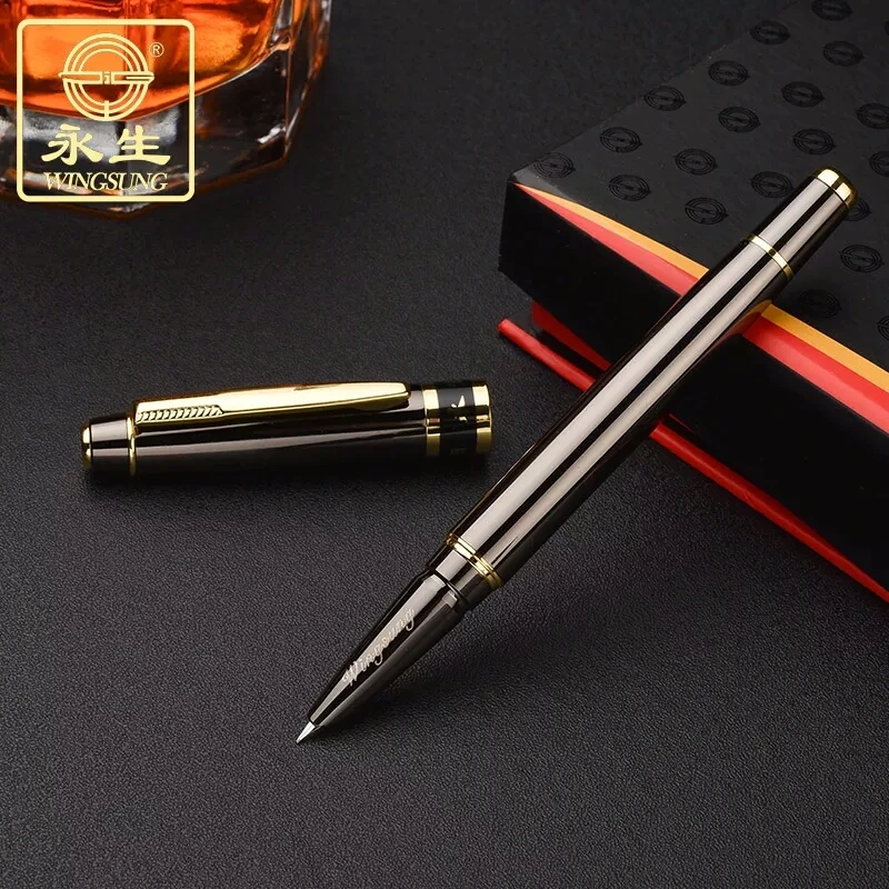 

Luxury wingsung Grey Black Metal Fountain Pen With Carved Brand Logo School Office Stationery 0.38mm Nib Writing Ink Pens Gift