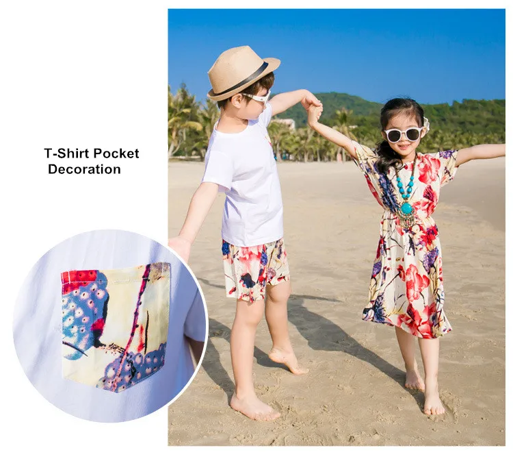 Mommy And Daughter Lotus Printed Dress Daddy Son T shirts And Shorts Family Matching Clothing Set 07