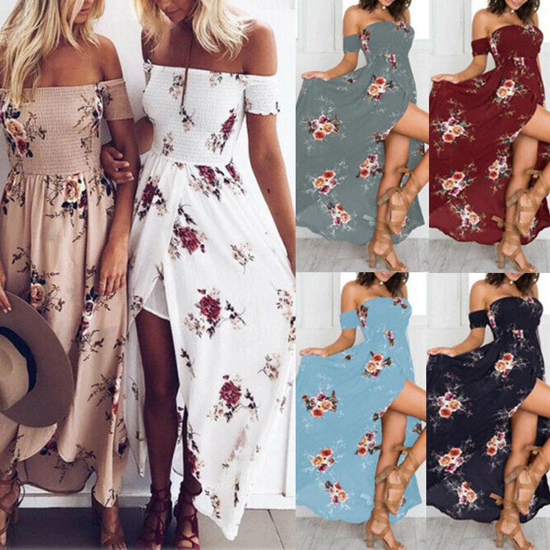 Floral Printed Long Dress Women Casual Sexy Split Maxi Dresses Summer Casual Boho Beach Sundress Lady Sexy Split Strapless Dress
