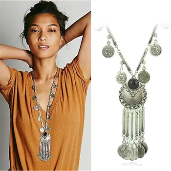 

Bohemian Vintage Long Pendant Necklace Silver Plated Chain Gypsy Tribal Ethnic jewelry Tassel Necklace for women X-611