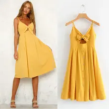2019 new summer yellow Sexy sleeveless women dress bow tie V neck back elastic sweet A line dresses mid-calf ladies vestidos 2019 new summer yellow Sexy sleeveless women dress bow tie V neck back elastic sweet A line dresses mid-calf ladies vestidos