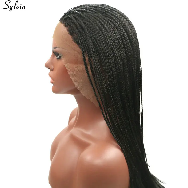 Sylvia# 1B черный плетеный косички синтетические кружева спереди парик термостойкие волосы длинные натуральные микро плетеные парики для черных женщин