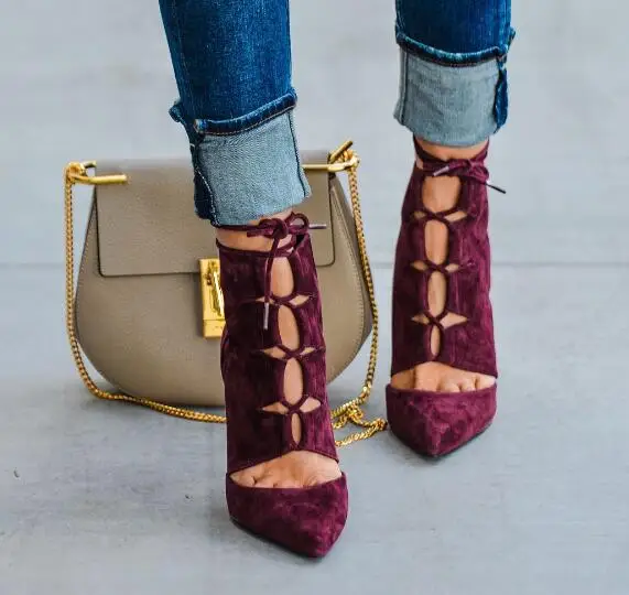 

Spring Hot Burgundy Suede Leather Women Pointy Toe Lace Up Ankle Boots Cut Out Style Ladies High Heel Boots Ankle Bandage Boots