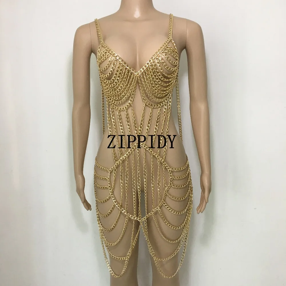 

Sexy Nightclub Dance Women's Costume Gold Chains Outfit Design Party Female Singer Dancer Stage Performance Show Wear