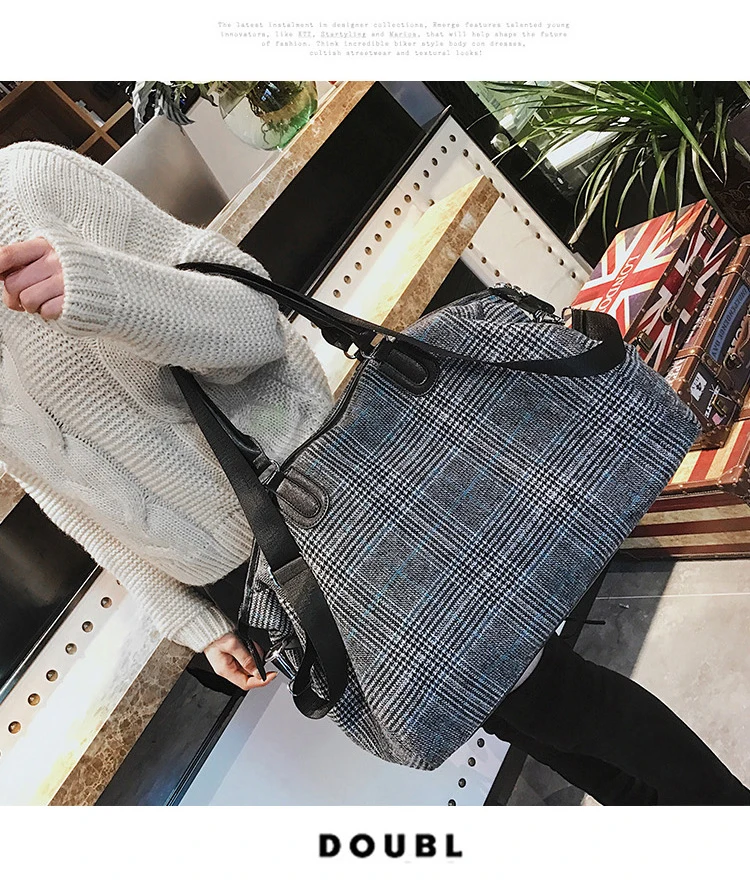 Short-distance Travel Bag Female Handbag Wool Large Capacity Waterproof Men Diagonal Fitness Bag Black Plaid Pattern Duffel Bag