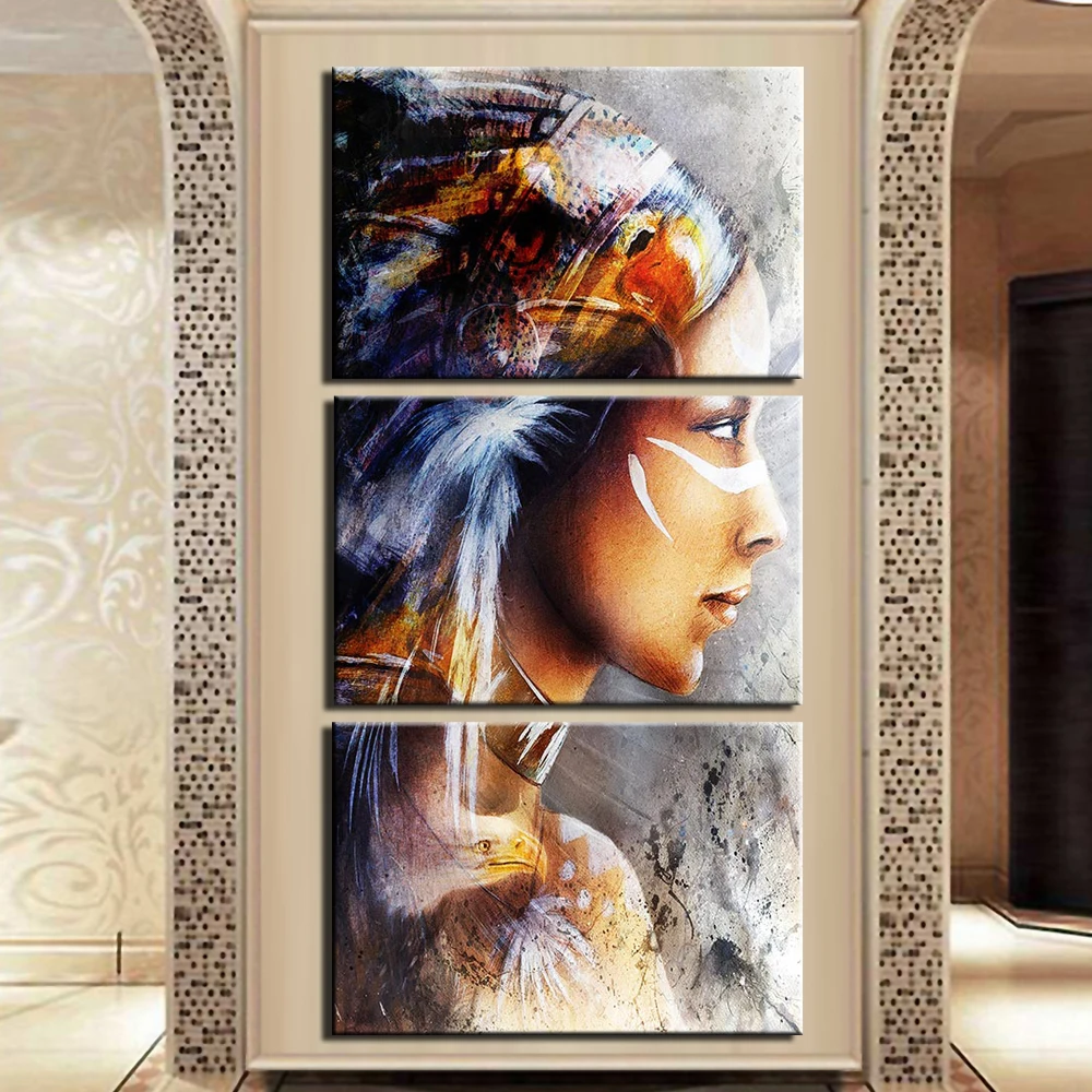 

Canvas Prints Pictures Living Room Wall Art 3 Panels Painting Home Decor Modular Native tribe Warrior Woman Poster Framed