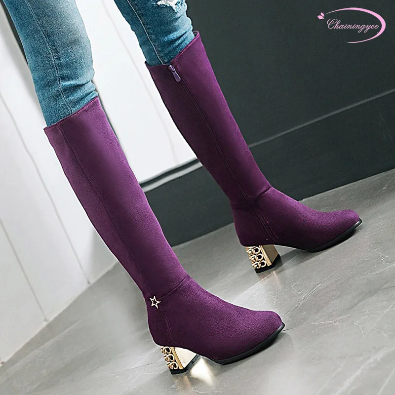 European street style round toe knee high boots metal star zipper black ...