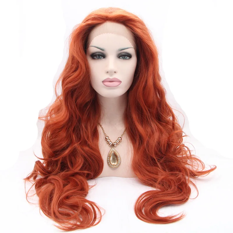 

In stock high quality Drag Queen wigs natural look brown long body wave wigs synthetic lace front wig heat resistant fiber