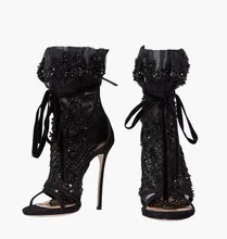 Elegant Black Lace Mesh Ankle Boots For Women Peep Toe Lace-up Gladiator Short Boots String Bead Cut-out Super High Heeled Pumps Elegant Black Lace Mesh Ankle Boots For Women Peep Toe Lace-up Gladiator Short Boots String Bead Cut-out Super High Heeled Pumps