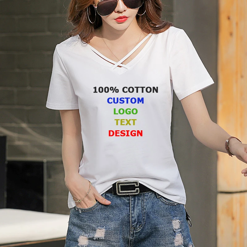 

hot sexy double v neck strap hallow out womre cotton t-shirts custom logo photo text printed female girl team tops t shirt tees