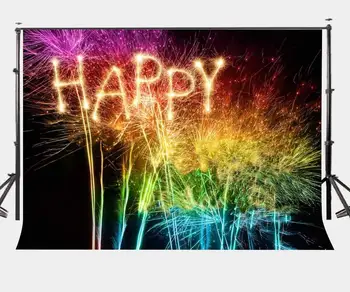 

7x5ft Colorful Fireworks Backdrop HAPPY Word Pattern Photography Backdrop Party Night View Photo Video Shooting Props