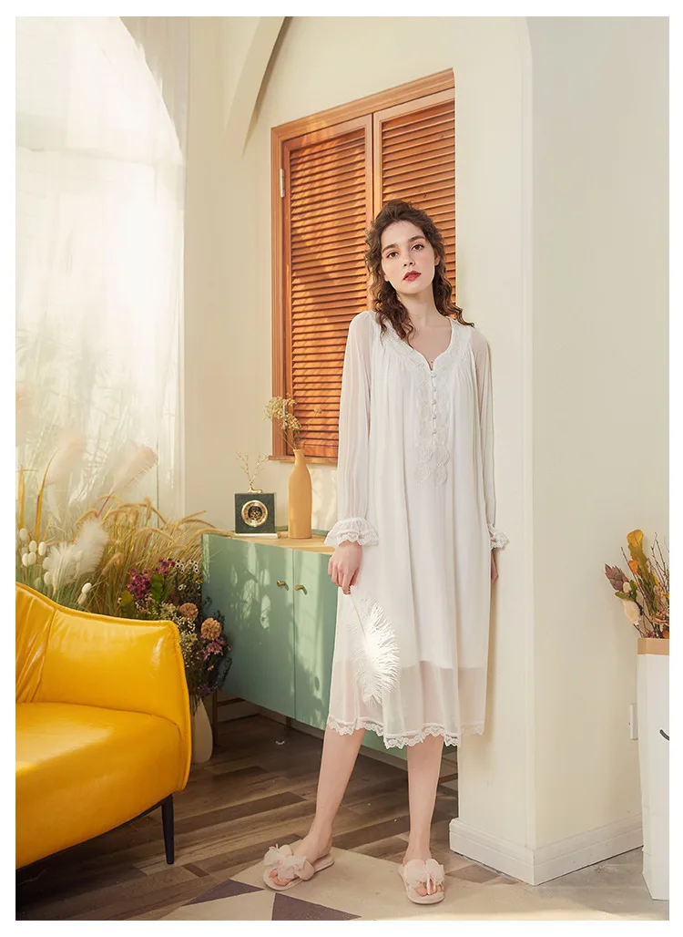 2019 сезон: весна-лето сетки ночная рубашка в винтажном стиле женская ночная одежда домашнее платье кружево Ruffled V образным вырезом с длинным