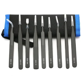 

9 Pcs/Set Precision Tweezers Tools Kit Anti-static Stainless Steel Tweezers with Storage Bag for Lab Electronics Jewelry --M25