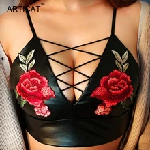 Articat Sexy Bordado Floral Mulheres Bras Colheita Top Decote Em V Profundo Criss Cross Bandage Partido Cropped Tops de Couro PU Parte Superior Do Tanque de Verão(China (Mainland))