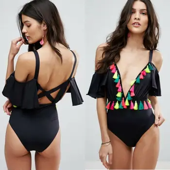 

Vintage Women One-Piece Black Jumpsuit Beachwear Swimwear Push-up Off Shoulder Monokini Lady Bodysuit
