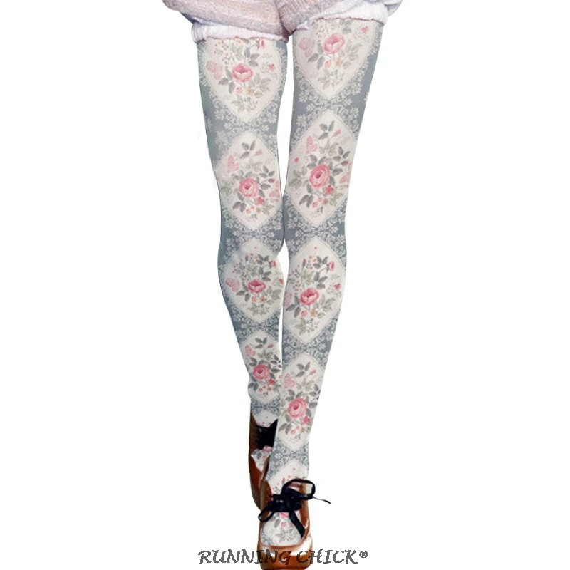 

Light gray flowers printed pantyhose winter women