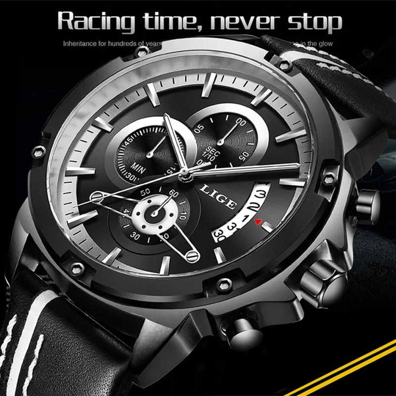 

LIGE Mens Watches Top Brand Luxury Men's Fashion Sport Watch Men Leather Waterproof wrist watch Quartz Clock Relogio Masculino