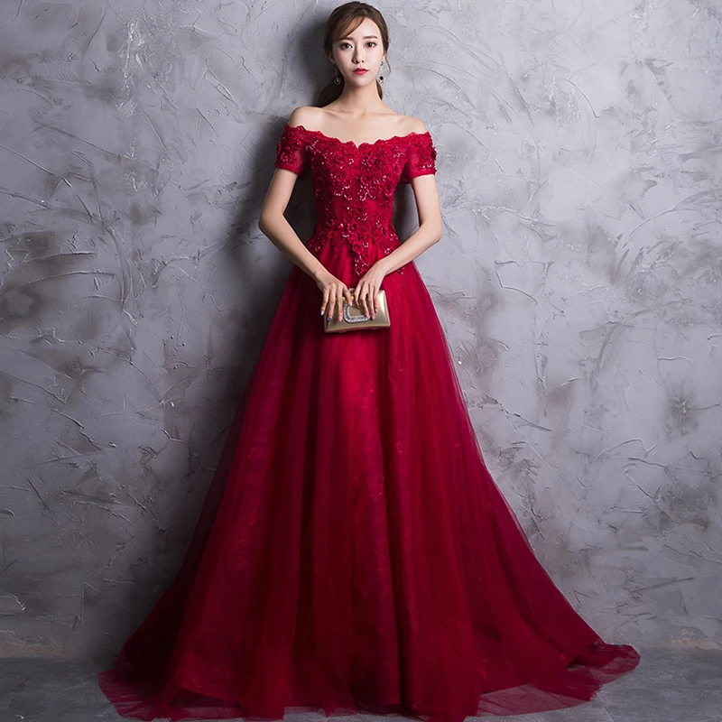Торжественное вечернее платье с вырезом лодочкой с коротким рукавом винно-Красное Кружевное ТРАПЕЦИЕВИДНОЕ ПЛАТЬЕ длиной до пола модное
