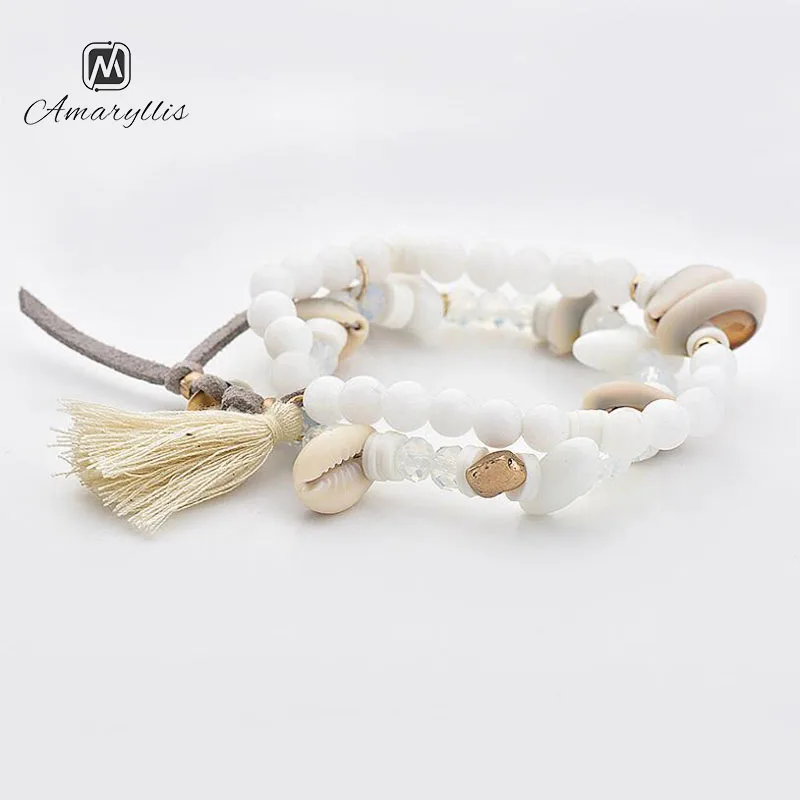 

Amaiyllis Bohemia White Stone Beads Strand Bracelet Bangle For Women Ethnic Shell Geo Leather Tassel Charms Elastic Bracelet