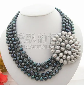 

N070160 18" 4Strands Black Pearl Gray Pearl Flower Necklace