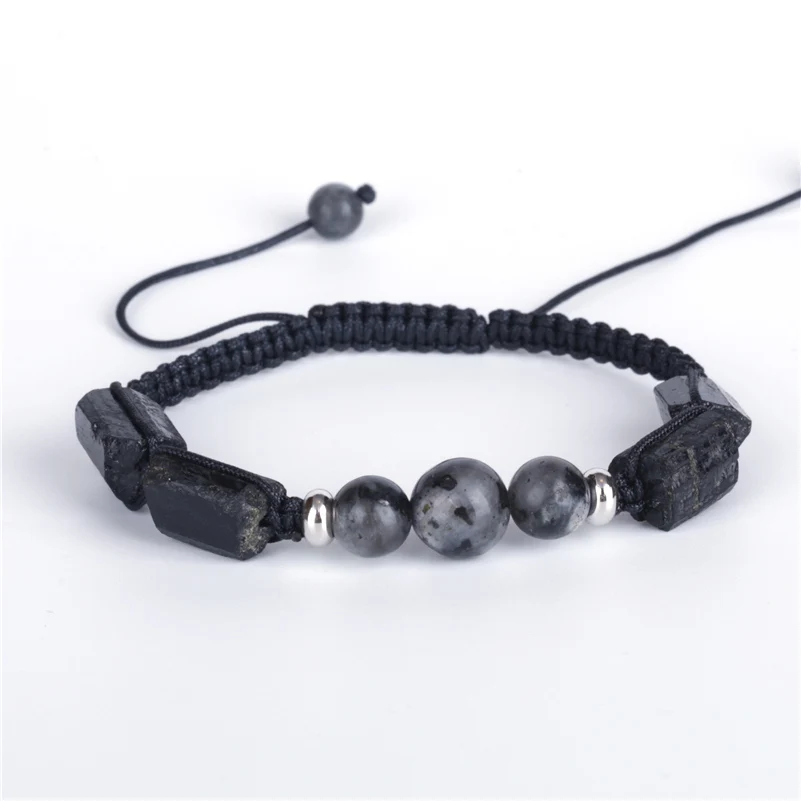 

Black Healing Rough Tourmaline Semi Precious Mineral Stone Bead Charm Labradorite Adjustable Macrame Braiding Unisex Bracelet