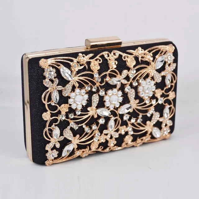 Black Crystal Cheap Clutch Evening Bag with Chain Party Wedding Bridal