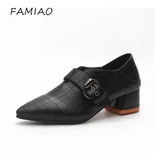 

FAMIAO Pointed toe Snake Print Cross tie pumps 2018 Brand Hoof med Heels women pumps Autumn Summer dress black Shoes Woman
