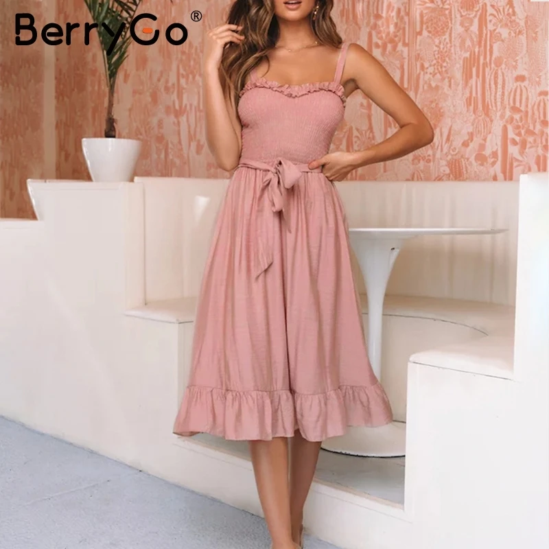 

BerryGo women dresses ruffle elegant spaghetti strap dress Ruched sashes bow long dress summer dresses Sexy female vestido 2019