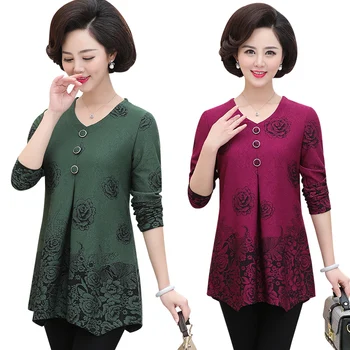 

Long Sleeves Tshirt Spring Autumn New Middle Age Mother Clothes V-neck Buttons Plus Size L-4XL Women Top Casual Loose Pullover